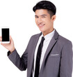 Portrait young asian business man showing and presenting smartphone with blank with success png transparent file, businessman standing and holding phone, communication concept.