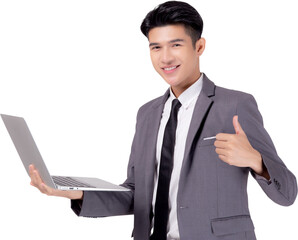 young asian business man standing work on laptop computer to internet online png transparent file, b