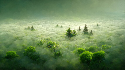 Wall Mural - Tropical green forest background with fog. 3D Illustration.