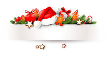Christmas Decoration Banner With Santa Hat, Christmas Cookies, Gingerbread Man, Gifts And Fir Twigs