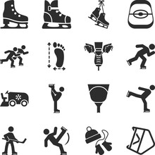Ice Skating Icons Set. Everything You Need For Skating, Different Skates, Lacing, Sharpening, Equipment. Monochrome Black And White Icon.