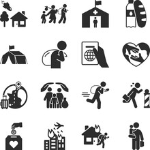 Refugees Icons Set. People Refugees In An Emergency Situation, People Without A Home Seeking Asylum. Sheltering Citizens Of Another Country. Monochrome Black And White Icon.