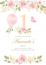 Invitation Card For The Girl's First Birthday Party. Template For Baby Shower Invitation. One Year