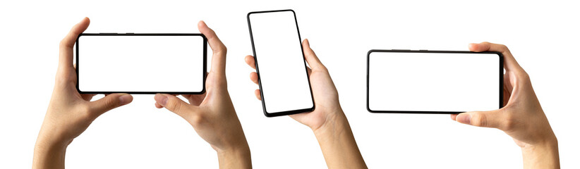 Hand holding black smartphone, isolated empty free space mock up for design work