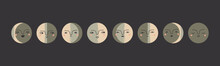 Moon Phases. Crescent And Full Moon With Faces. Hand Drawn Modern Vector Illustration. Esoteric, Occult, Astrology, Alchemy, Boho, Magic Concept. Round Icons. All Elements Are Isolated