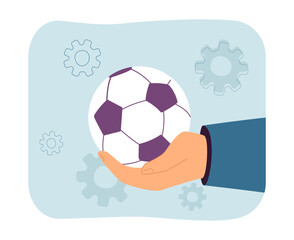 Wall Mural - Human hand holding soccer ball. Huge hand of person with football flat vector illustration. Sports, football or soccer, healthy lifestyle, activity concept for banner, website design or landing page