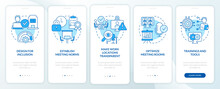 Hybrid Environment Blue Onboarding Mobile App Screen. Workplace Walkthrough 5 Steps Editable Graphic Instructions With Linear Concepts. UI, UX, GUI Template. Myriad Pro-Bold, Regular Fonts Used
