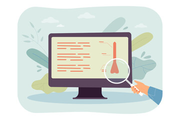 Wall Mural - hand with magnifier in front of monitor with scheme of rocket. engineer studying spaceship infograph