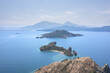 Beautiful aerial view of scope the sea and mountains in the morning. Small rocky islands in sea close to Fethiye. Some ships in the sea and between islands.  