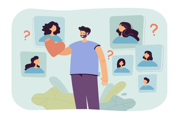 Wall Mural - man holding comic heart and choosing partner on dating app. avatars of women around happy male chara