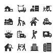 Moving, relocation icons set. Leaving home for another place to live. Loading and unloading of furniture, truck and movers. Accommodation search. Monochrome black and white icon.