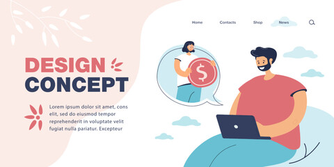 Wall Mural - happy businessman with laptop sitting in park. cartoon woman in speech bubble holding big gold coin 