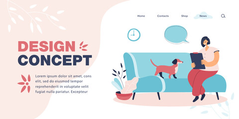 Sticker - Animal psychologist sitting on sofa with dachshund. Woman helping dog through therapy flat vector illustration. Animal care, pets, health concept for banner, website design or landing web page