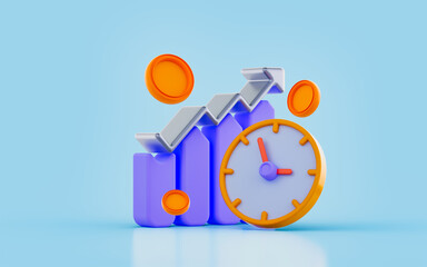 Wall Mural - business chart up arrow with dollar coin clock sign 3d render concept for financial history