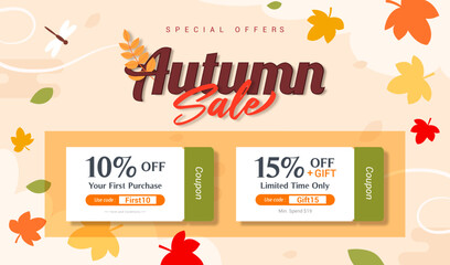 Wall Mural - Autumn sale voucher coupon template background vector illustration. Promotion coupon code