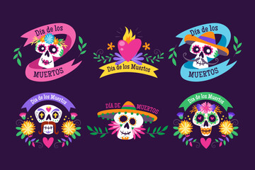 Wall Mural - Mexican Dia de los Muertos label collection. 6 labels with traditional Mexican elements to celebrate the Day of the Dead. Isolated elements. Set 3 of 3.