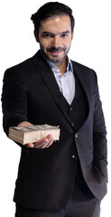 Isolated Businessman Holding and Passing US Dollars Money to Client on Transparent Background