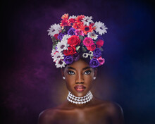 Vogue  Beautiful African American Women Portrait And Bouquet Of Flowers On Light Background