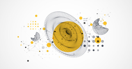 Template for science and technology presentation. Wireframe waves. Plexus style background.