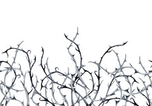 Halloween Horizontal Seamless Border Of Black Thorn Branches. Watercolor Hand Painted Isolated Illustration On White Background.