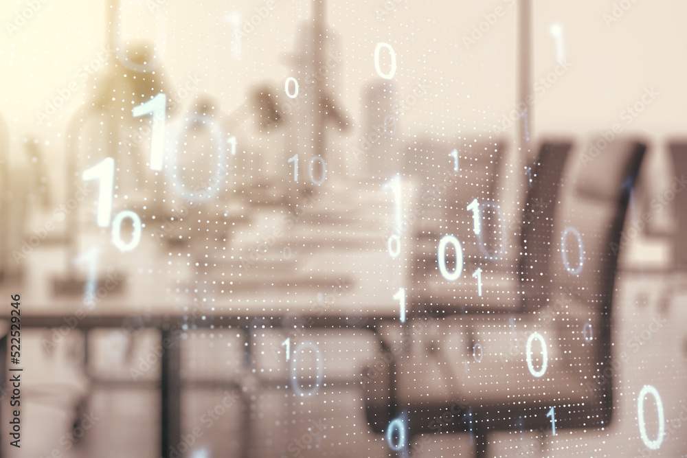 Abstract virtual binary code sketch on a modern furnished office ...