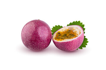 Wall Mural - Whole passionfruit and a half of maracuya isolated on white background.