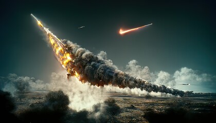 Aufkleber - The spaceship is flying to another planet. Rocket fire and smoke trails.Launching a space rocket or launching a jet fire flame. 3d render