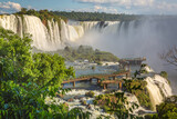 Iguacu falls in southern Brazil at sunset with catwalk footbridge