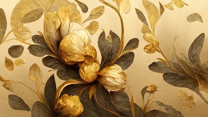 Wall Mural - 4K golden floral background, abstract vintage flower design, mural art, gold nature, 3D illustration, 3D render.