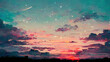 Red sunset landscape, anime, manga, digital art drawing. Romantic painting of a landscape with clouds and stars. Abstract 4k digital image of moody sad, lovely landscape, janapese illustration style.