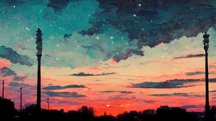 Wall Mural - city of love, abstract, anime, manga, digital art painting of a city at dawn, dusk. red colored illu
