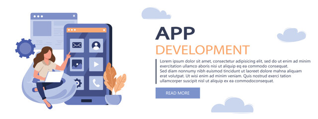 App development concept. Developers write code, testing, create page layout. Vector illustration for blogging, website, mobile app, promotional materials.
