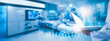 Leinwandbild Motiv Doctor work with laptop computer,digital healthcare technology,system analysis network connection hologram virtual screen interface,online medical examination analysis report,banner panoramic header