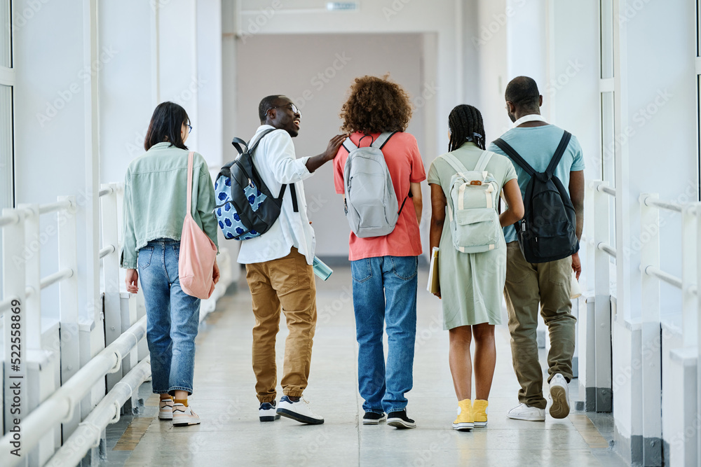 backpack travel a student's perspective Rear view of group of students with backpacks walking along the school  corridor after lessons Stock Photo