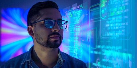 Portrait of Software Developer / Hacker Wearing Glasses Sitting at His Desk and Working on Futuristic Transparent Computer in Digital Identity Cyber Security Data Center. Hacking or Programming
