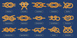 Sailing rope knot. Square reef, tomfool and overhand knots. Nautical rope hitches and loops vector set