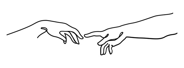 Two hands connection and relationship concept illustration. Creativity of Adam and god hand hand drawn continuous line art