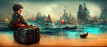 A Boy With Binoculars Sits On A Suitcase Floating On The Water Digital Art Illustration Painting Hyper Realistic