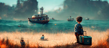 A Boy With Binoculars Sits On A Suitcase Floating On The Water Digital Art Illustration Painting Hyper Realistic