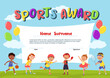 Kids sport diploma. Active kid certificate, school award template with happy boys and girls practicing sports cartoon vector Illustration