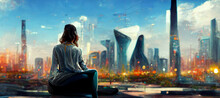 Woman Sitting Outside Against The Futuristic City Digital Art Illustration Painting Hyper Realistic