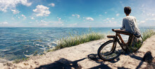 Young Man Sitting On A Bicycle Looking At The Sea Digital Art Illustration Painting Hyper Realistic
