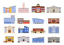 Government buildings. Municipal library, hospital and post office building. Fire and police station, court and university vector Illustration set