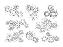 Sketch Gears. Engineer Work, Transmission Motion And Working Gear Mechanism. Hand Drawn Factory, Business Team Concept Vector Illustration Set