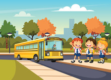 School Children And Bus Concept. Kids Group, Driver And School Bus On The Road. Urban Landscape. Yellow Transport, Waiting For The Bus. Yellow School Bus On The Road. Cartoon Vector Illustration. 