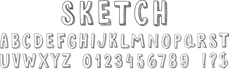 Hand drawn sketch font. Alphabet for doodle lettering, stylised numbers and letters. Perspective extrude with sketch lines vector set