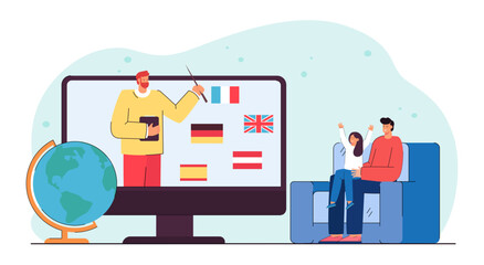 Father and kid learning foreign languages online. Teacher on huge computer screen flat vector illustration. Education, studying, online course concept for banner, website design or landing web page