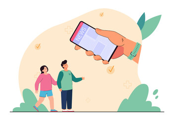 Kids looking at huge phone with news on its screen. Children reading news online using mobile app flat vector illustration. Internet, media concept for banner, website design or landing web page