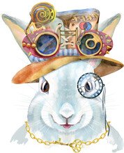 Watercolor Illustration Of A White Rabbit In Steampunk Hat With Goggles