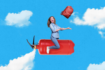 Canvas Print - Creative collage image of excited happy little girl sitting fire extinguisher throw backpack isolated on clouds sky background